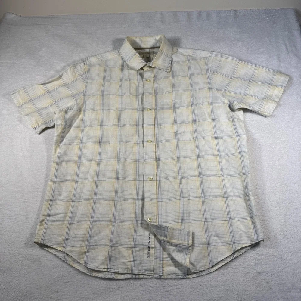 Banana Republic Button Down Shirt Mens L White Yellow Plaid Linen Cotton Blend‎